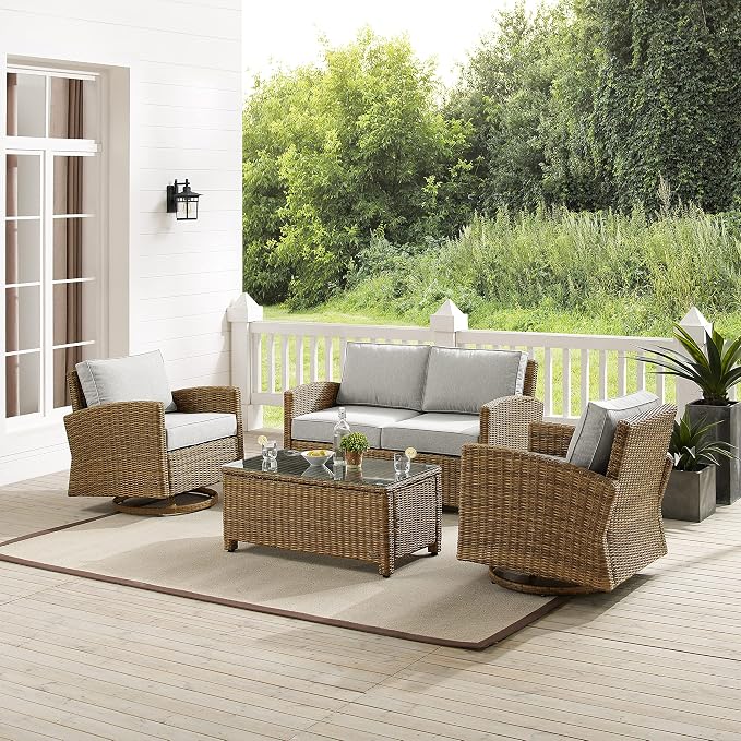 Crosley Furniture Bradenton 4-Piece Wicker Outdoor Loveseat and Swivel Rocker Patio Furniture Set for Porch, Brown with Gray Cushions