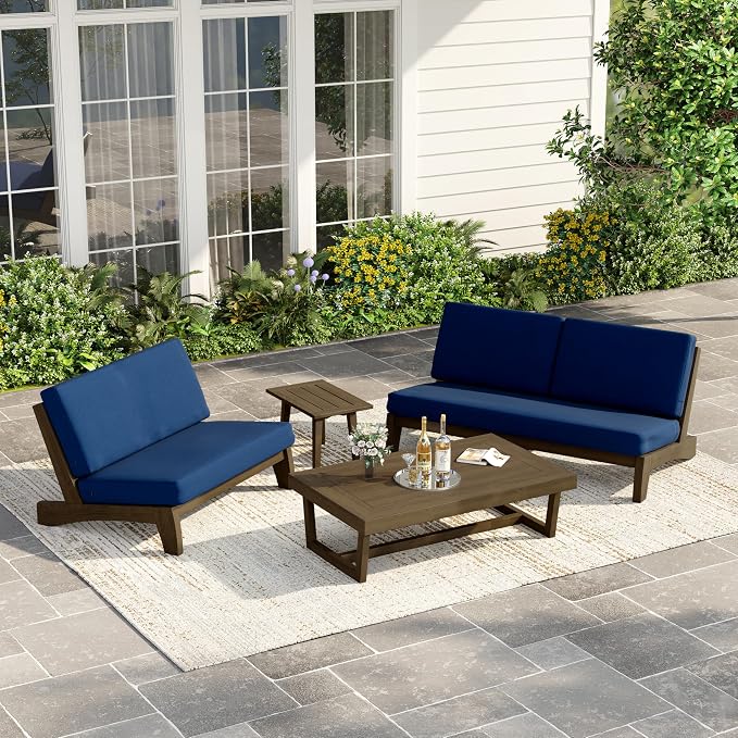3 Piece Wood Outdoor Patio Frutnire Set, 5 Seater Patio Conversation Sets with Thick Cushions, Outdoor Sectional Furniture with Coffee Table - Navy Blue