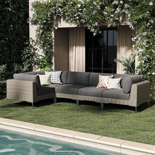 LayinSun 5-Piece Wicker Rattan Patio Furniture Set, Deep Seating Outdoor Modular Sectional Sofa Conversation Set with Thick Cushions for Lawn, Garden