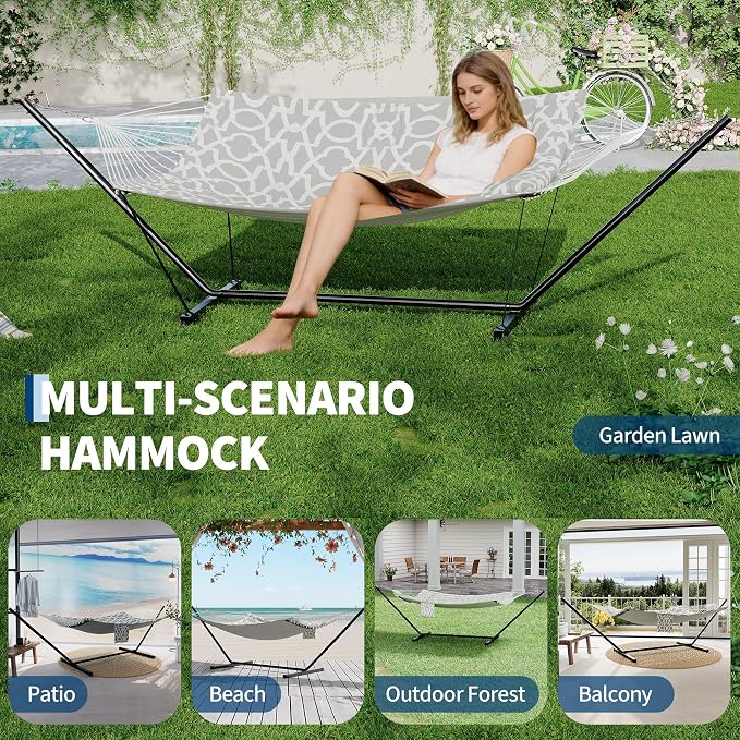 Double Hammock with Stand for 2 Persons,Outdoor Heavy Duty Hammock with Pillow & Balance Rope,450 Lbs Capacity Freestanding Hammock for Patio,Poolside Relaxation, Easy Assembly-Light Gray Pattern