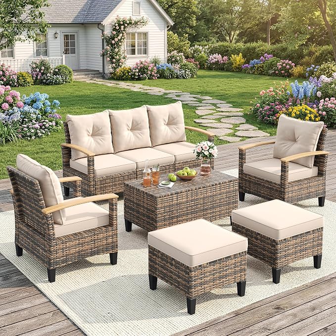UDPATIO Patio Furniture Set, 6 Pieces Outdoor Wicker Conversation Set with 2 Ottomans & Storage Table for Lawn, Porch, Garden, Backyard, Khaki