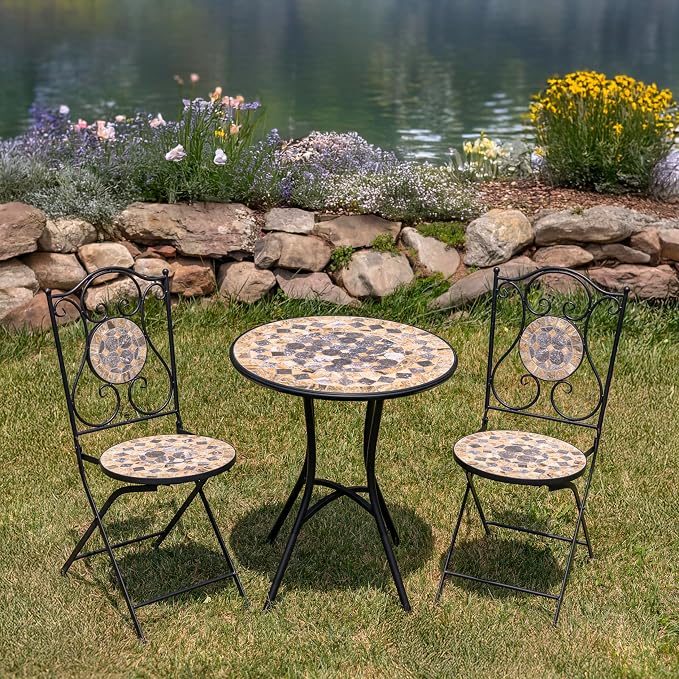 Zaer Ltd. Mosaic Tile Furniture with Black Metal Frame and Patterned Tile Tops (Medora - Black/Stone/Gray, Bistro Set (2 Chairs, 1 Table))
