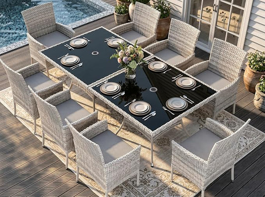 Outdoor Dining Set, 10-Piece Patio Furniture Set with Tempered Glass Table and 8 Cushioned Chairs, Dual-Strand Wicker Rattan, Balcony Furniture for Backyard, Garden, Deck,– Gray