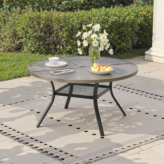 47.2" Outdoor Dining Table with Adjustable Umbrella Hole, Metal Slatted Round Patio Dining Table for Backyard Garden Deck, Antique Grey