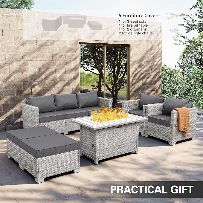 WAROOM Patio Furniture Set 6 Piece PE Rattan Outdoor Conversation Sets Grey Wicker Couch Sectional Sofa with Fire Pit Table and Grey Cushion