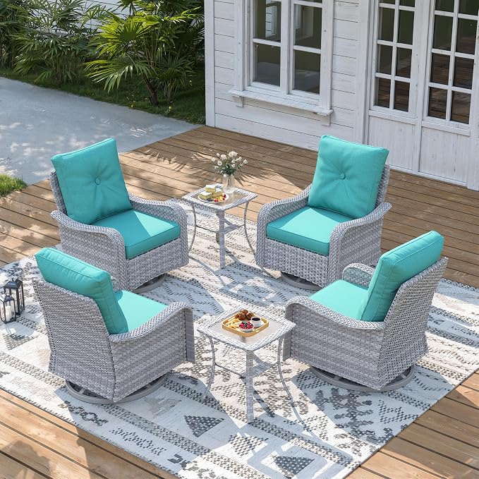 6 Piece Wicker Patio Furniture Set, Swivel Rocking Chairs with 4''Cushions, PE Rattan, Rust Resistant Frame, Double Layer Glass Side Table, for Backyard, Deck or Balcony, Blue