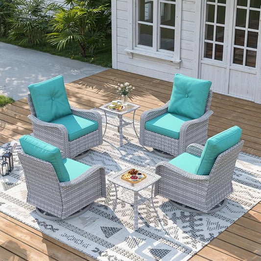 6 Piece Wicker Patio Furniture Set, Swivel Rocking Chairs with 4''Cushions, PE Rattan, Rust Resistant Frame, Double Layer Glass Side Table, for Backyard, Deck or Balcony, Blue