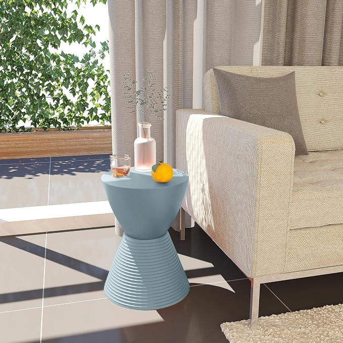 LeisureMod Modern Hourglass Side Table - ABS Shell Drum End Table with Storage for Indoor & Outdoor Use, Dusty Blue