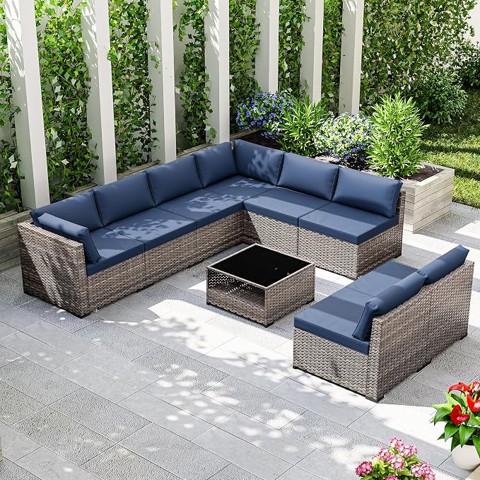 Joyside 9-Piece Patio Furniture Set, Rattan Outdoor Sectional Wicker Patio Conversation Set with Cushions and Coffee Table
