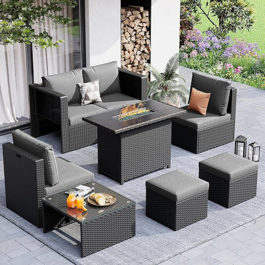 Amopatio 7 Pieces Patio Furniture Set with Fire Pit Table, All-Weather Wicker Outdoor Conversation Sofa Set with Glass Coffee Table, Cushions & Ottomans for Deck Backyard Porch Lawn Black/Dark Grey