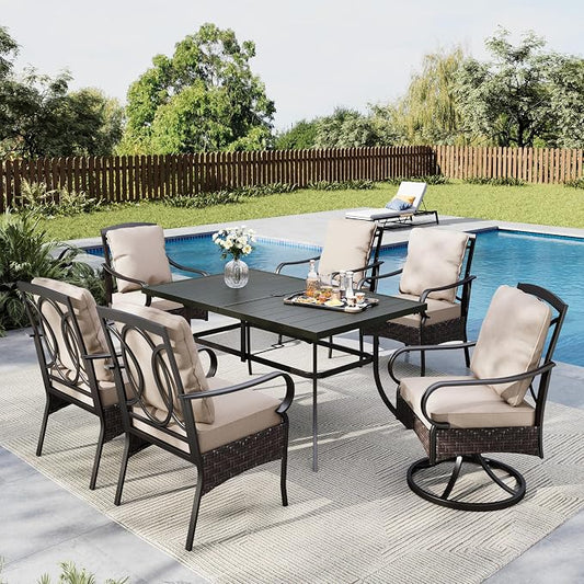 MFSTUDIO Outdoor Patio Dining Set for 6, Outdoor Table and Chairs for 6, Rectangular Metal Table with 2 Swivel Chairs & 4 Leg Chairs, 7 Pieces Patio Dining Furniture Set, 1.57-1.9'' Umbrella Hole