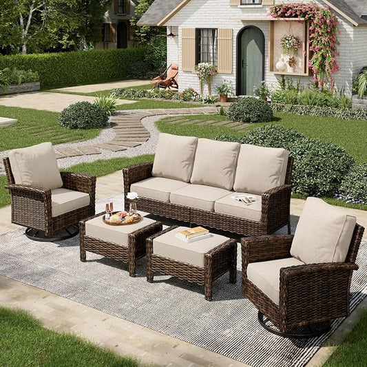 MIXPATIO 5-Piece Wicker Patio Furniture Set with Swivel Chairs, High Back Outdoor Furniture with 5.5-inch Thick Cushion and Ottoman, All-Weather Wicker Patio Conversation Set for Deck Yard Pool, Beige