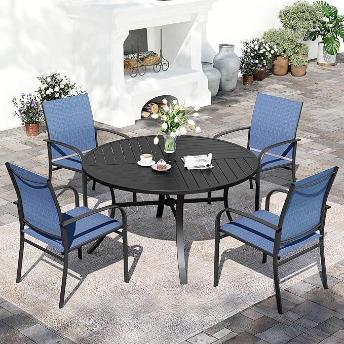 SUNSHINE VALLEY 5 Piece Patio Dining Set for 4, 42" x 42" Round Metal Table with Umbrella Hole and 4 Blue Chairs, Outdoor Table and Chairs Set for Lawn Backyard and Deck