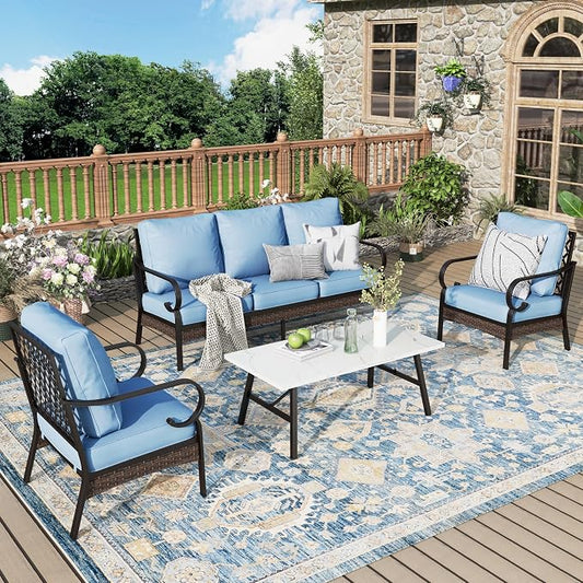 MIXPATIO Patio Furniture Set with Coffee Table, Outdoor Conversation Set with 2 x Fixed Chairs, 1 x 3-Seat Sofa for Lawn Garden Backyard, Blue