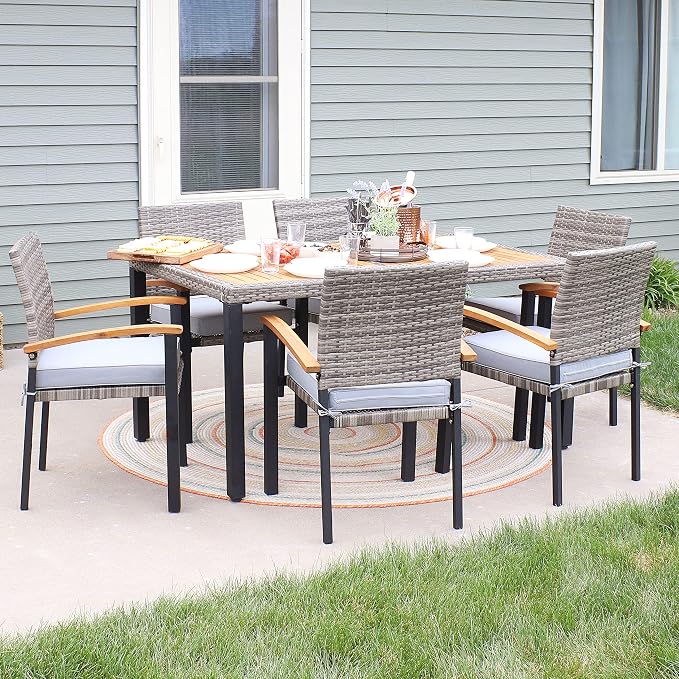 Sunnydaze Carlow 7-Piece Rattan and Acacia Outdoor Dining Set - 1 Table and 6 Chairs with Seat Cushions - Stone Gray