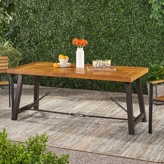 Acacia Wood Outdoor Dining Table Metal Base Teak Color Durable All-Weather Design Ideal for Patio Garden and Backyard Use