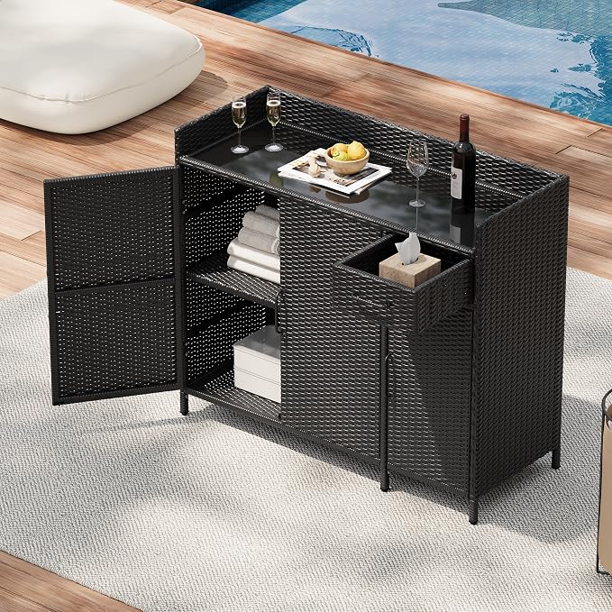 RuiSiSi Wicker Bar Table with Drawer & Adjustable Shelf for Outdoor, Rattan Buffet Cabinet Sideboard with Tempered Glass Desktop, Patio Rattan Bar Table with 3 Doors, Black Brown