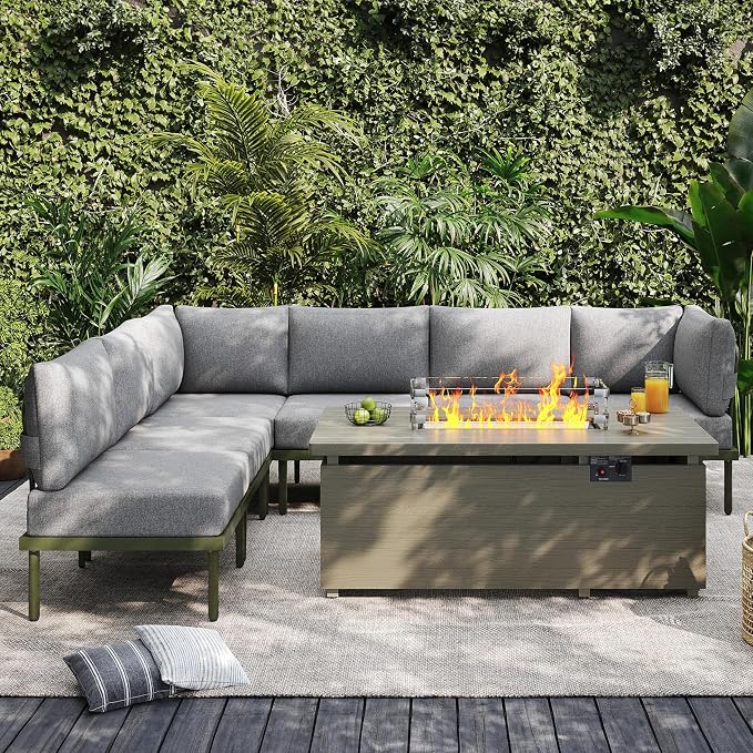 Sundale Outdoor 7 Pieces Patio Furniture Set with Fire Pit Table, L-Shaped Outdoor Sectional Sofa with 6 Inch Olefin Cushion, All-Weather Modern Metal Outdoor Conversation Sets for Backyard, Poolside