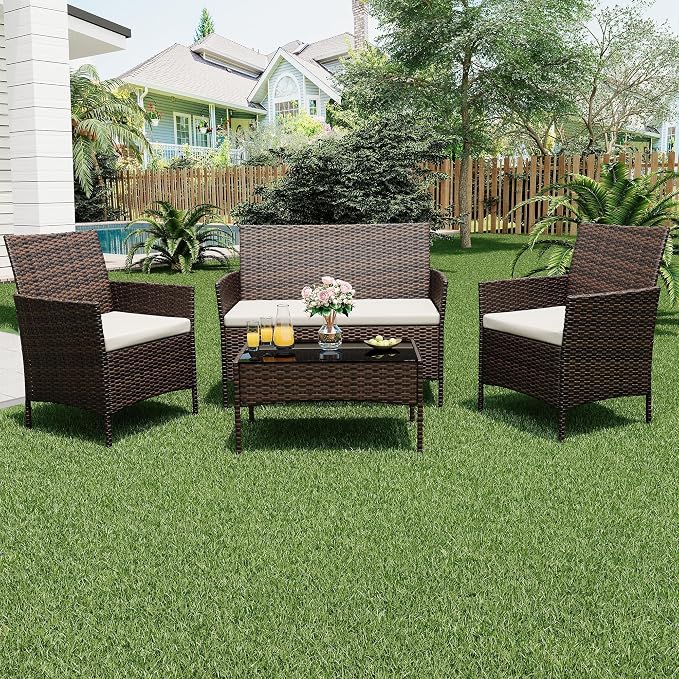 GarveeTech ﻿4 Pieces Patio Furniture Set, Rattan Patio Conversation Set with Coffee Table, Outdoor Furniture Set for Garden, Porch, Lawn & Balcony(Brown & Beige)