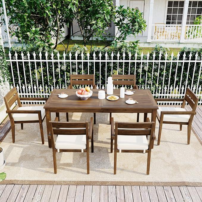 7 Piece Patio Dining Set, 70.9" Rectangular Acacia Wood Outdoor Dining Table & 6 Dining Arm Chairs with Cushion, Suitable for Outdoors and Indoors (Burly Wood@015)