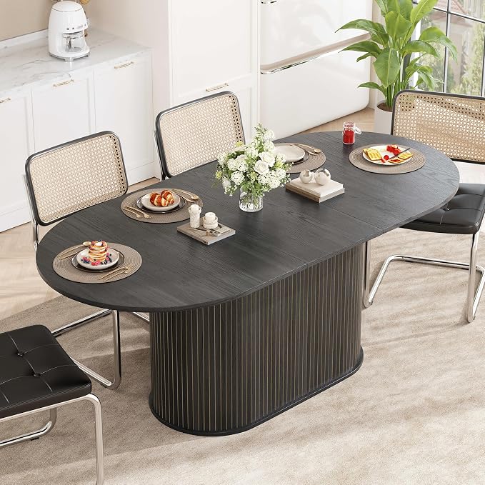 55.11"-70.86" Extendable Dining Room Table, Oval Dining Table Set for 4 People, Mid Century Modern Dining Table for Gatherings, Meeting, Small Kitchens, Dining Office Areas, Black