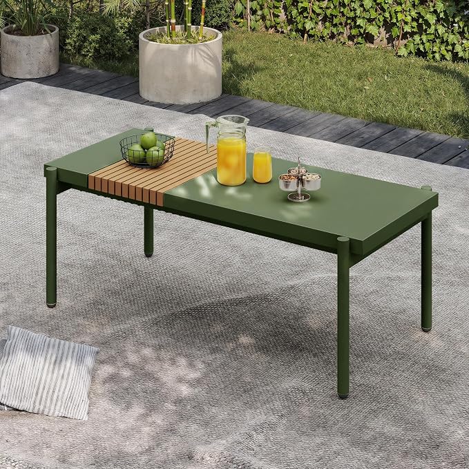Sundale Outdoor Modern Metal Outdoor Coffee Table with Slatted Wood-Look Tabletop Design, Weather-Resistant Patio Side Table for Garden, Balcony, Poolside(Green)