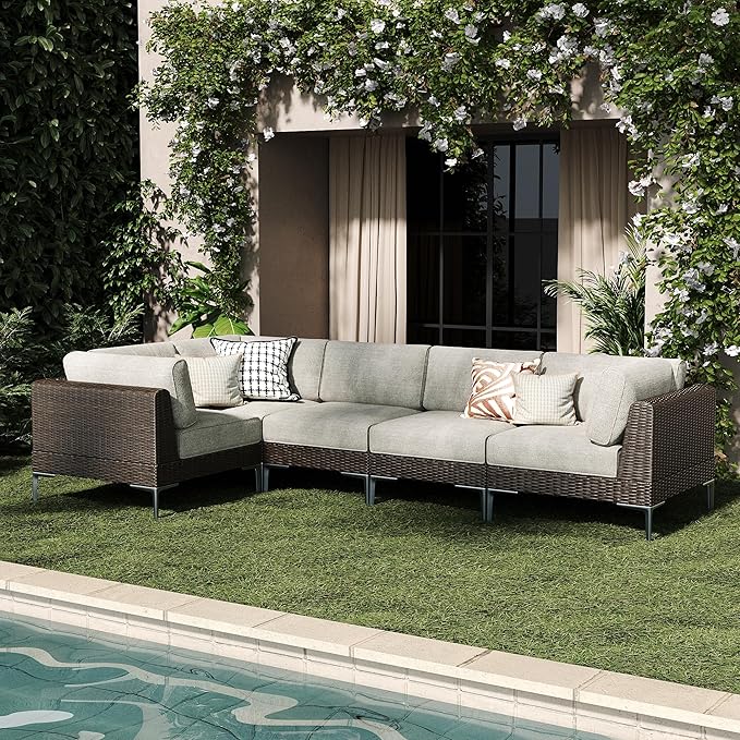 LayinSun 5-Piece Wicker Rattan Patio Furniture Set, Deep Seating Outdoor Modular Sectional Sofa Conversation Set with Thick Cushions for Lawn, Garden