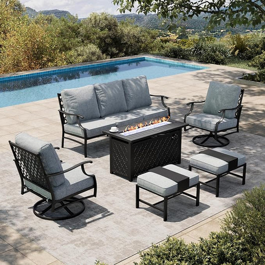 HERA'S HOUSE 6 Pieces Patio Furniture Set with Fire Pit Table, 2 x Swivel Chair, 2 x Ottoman, 3-Seat Sofa with 45" Fire Pit Table, Outdoor Conversation Set for Garden, Poolside, Backyard, Grey
