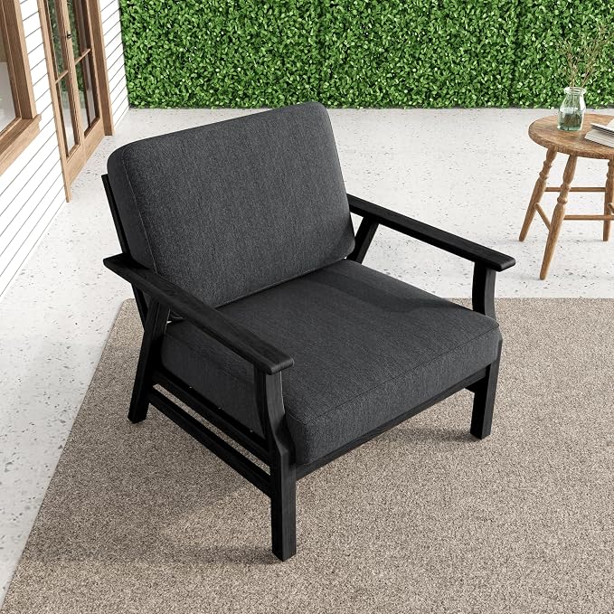 3 Piece Wood Patio Chair Outdoor Bistro Set, Outdoor Armchair All Weather Patio Sofa Furniture Backyard Conversation Sets with Dark Wooden Side Table, Dark Gray