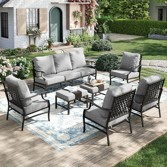 MIXPATIO Patio Furniture Set 7 pcs, Outdoor Patio Furniture, 3-Seat Sofa, 4 Single Chairs, 2 Ottomans and 5.75" Extra Thick Cushion, Patio Conversation Set for Garden Backyard Deck,Grey