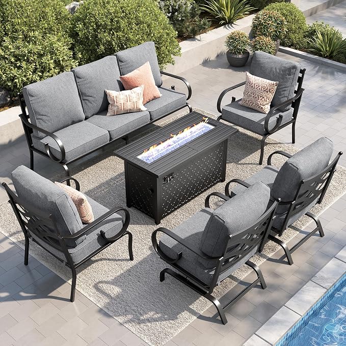 PHI VILLA Patio Furniture Set, 3-Seater Sofa, 2 Fixed Chairs, 2 Rocking Chairs and a 45" Fire Pit Table, Outdoor Metal Conversation Set with 5.75" Extra Thick Cushion for Garden Backyard Deck, Grey