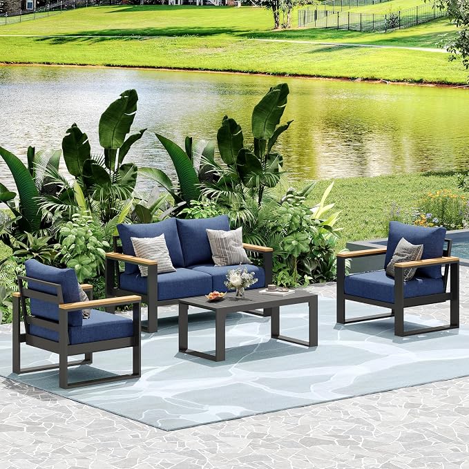 Aluminum Patio Furniture Set, 4 Piece Metal Outdoor Furniture Set with 6″ Thick Washable Cushions & Coffee Table, All Weather Patio Conversation Sets for Yard, Poolside, Garden (Navy Blue)