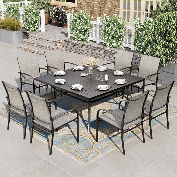 HERA'S HOUSE 9pc Outdoor Patio Dining Set for 8, Textilene Chairs, Brown | 57.5" Square Metal Table with umbrella hole. Waterproof, rust-resistant, all-weather for backyard, porch