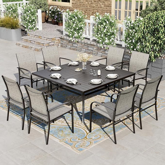 HERA'S HOUSE 9pc Outdoor Patio Dining Set for 8, Textilene Chairs, Brown | 57.5" Square Metal Table with umbrella hole. Waterproof, rust-resistant, all-weather for backyard, porch
