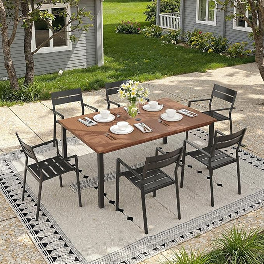Patio Dining Set for 6, 63" Outdoor Dining Table and Chairs Set with Stackable Patio Chairs Outdoor Furniture for Garden Deck Backyard, Walnut Table and Black Chairs