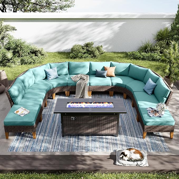 PHI VILLA 9-Piece Half Moon Patio Furniture Set with 56" Fire Pit Table, Outdoor Wicker Sectional Sofa with Aqua Blue Cushions, 2 Ottomans, Large Curved Conversation Seating for Garden or Backyard