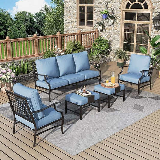 MIXPATIO Patio Furniture Set 5 pcs, Outdoor Patio Furniture, 3-Seat Sofa, 2 Single Chairs, 2 Ottomans and 5.75" Extra Thick Cushion, Patio Conversation Set for Garden Backyard Deck,Blue
