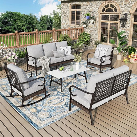 MIXPATIO Patio Furniture Set with Coffee Table, Outdoor Conversation Set with 2 x Rocking Chairs, 1 x 2-Seat Sofa, 1 x 3-Seat Sofa for Lawn Garden Backyard, Light Grey