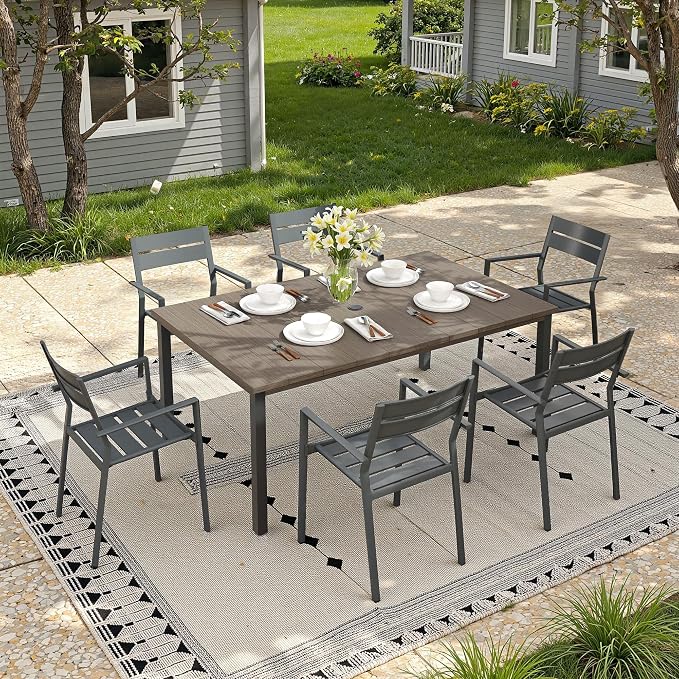 Patio Dining Set for 6, 63" Outdoor Dining Table and Chairs Set with Stackable Patio Chairs Outdoor Furniture for Garden Deck Backyard, Grey Table and Grey Chairs