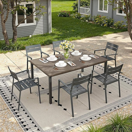 Patio Dining Set for 6, 63" Outdoor Dining Table and Chairs Set with Stackable Patio Chairs Outdoor Furniture for Garden Deck Backyard, Grey Table and Grey Chairs