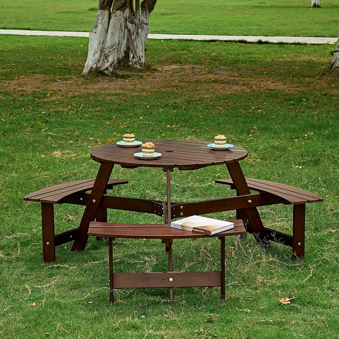 anwickjeff 6-Person Picnic Table and Chairs Set, Outdoor Round Wooden Patio Tables with DIY w/3 Built-in Benches & Umbrella Hole, 1720lbLBS Total Capacity for Patios, Backyard (Brown, 6-Person)