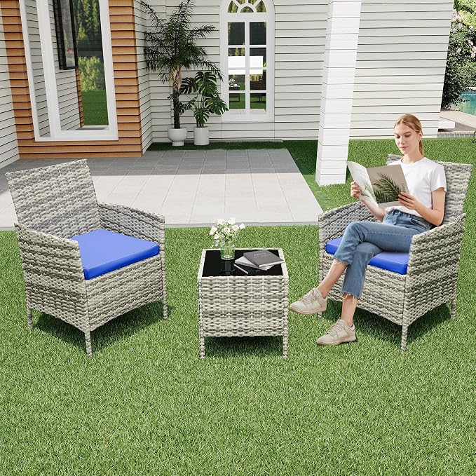 3 Piece Patio Furniture Set, Outdoor Patio Wicker Sofa Set with Upholstery and Glass Storage Coffee Table, All Weather Conversation Rattan Set for Garden, Porch, Lawn, Pool