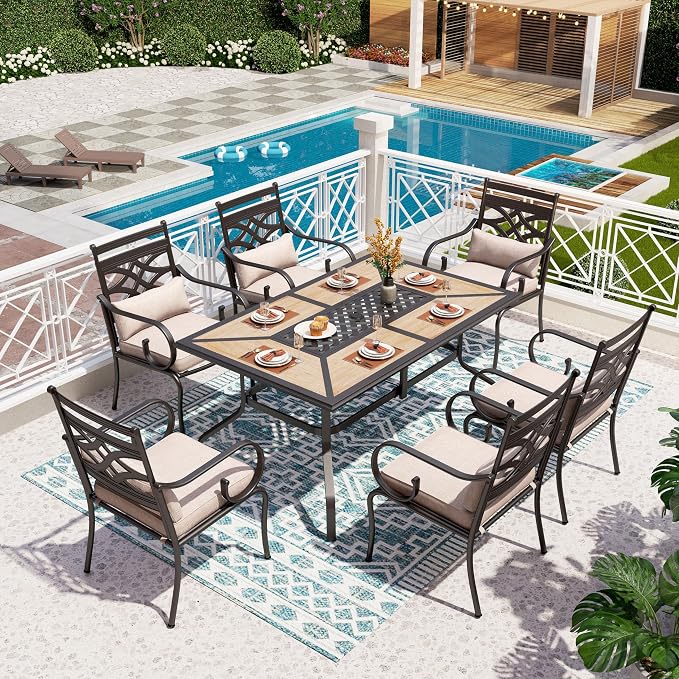 PHI VILLA Patio Dining Set, for 6 | E-Coated and Steel, Rectangle Table, Beige Cushion, 1.57in Umbrella Hole