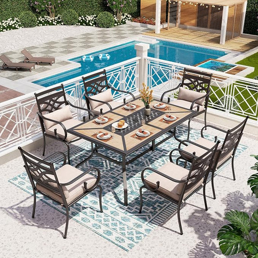PHI VILLA Patio Dining Set, for 6 | E-Coated and Steel, Rectangle Table, Beige Cushion, 1.57in Umbrella Hole