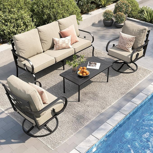 PHI VILLA Patio Furniture Set, 3-Seater Sofa, 2 Swivel Chairs and a Coffee Table, Outdoor Metal Conversation Set with 5.75" Extra Thick Cushion for Garden Backyard Deck, Beige