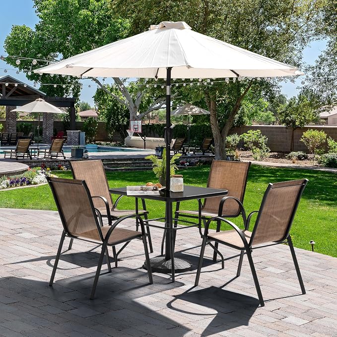 NUU GARDEN 5 PCS Patio Dining Set, Metal Outdoor Table and Chairs, with 4 Stackable Chairs and 31.5’’ Square Table with Umbrella Hole, Outdoor Dining Set for Lawn, Balcony, Garden, Black and Brown