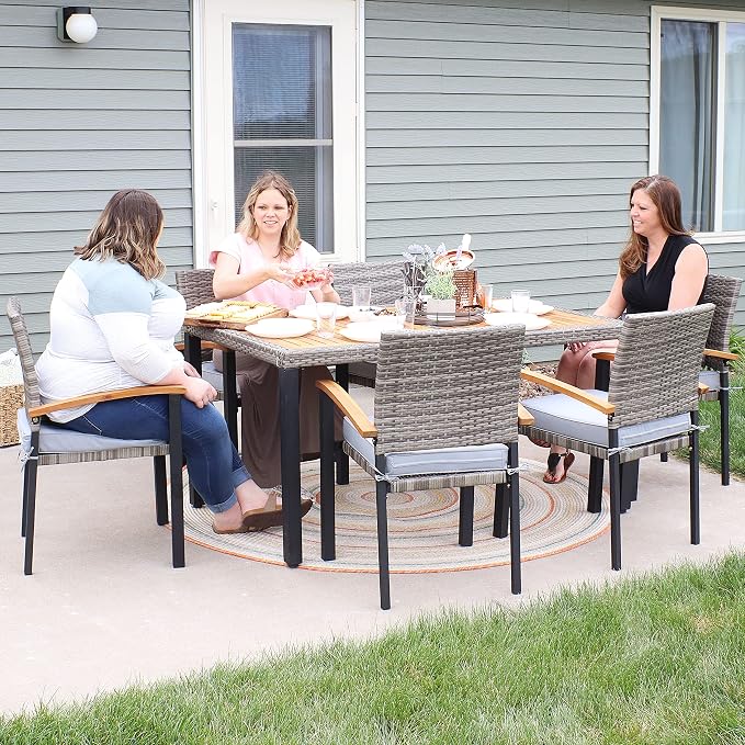 Sunnydaze Carlow 7-Piece Rattan and Acacia Outdoor Dining Set - 1 Table and 6 Chairs with Seat Cushions - Stone Gray