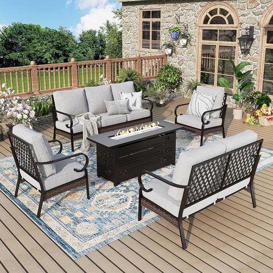MIXPATIO Patio Furniture Set with Fire Pit Table, Metal Outdoor Conversation Set with 2 Fixed Chairs, Loveseat Sofa, 3-Seat Sofa and Gas Fire Pit Table for Lawn Garden Backyard, Light Grey