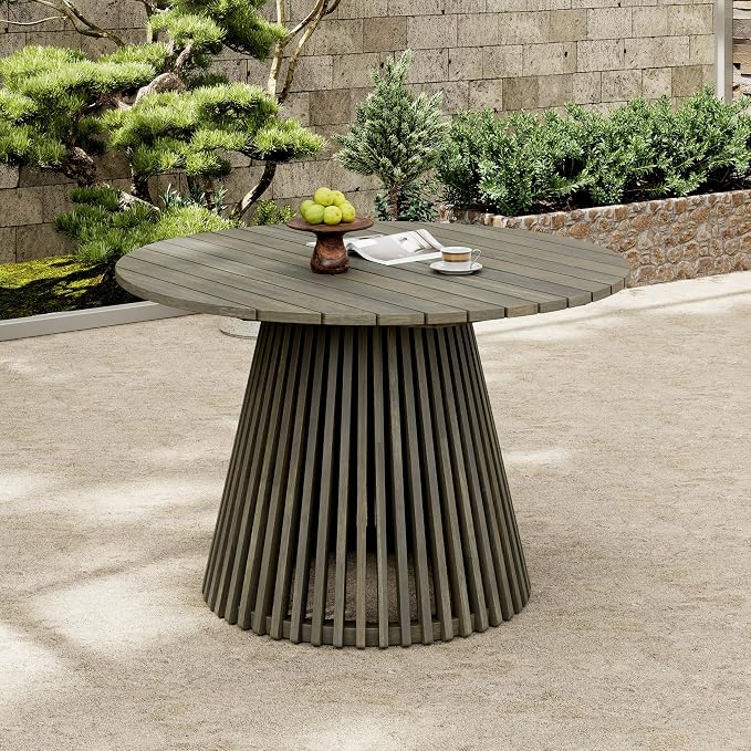 roomfitters 47.25" Round Outdoor Dining Table, Slatted Pedestal Base Acacia Wood Patio Table for 4-6 People, Grey