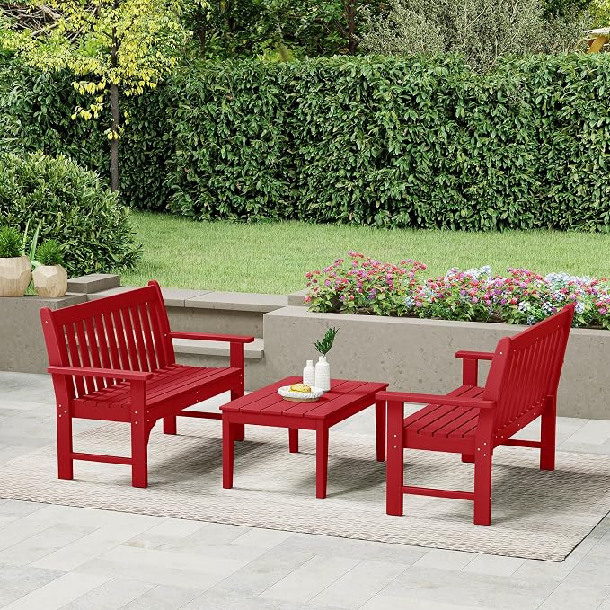 WestinTrends Malibu 3-Piece HDPE Outdoor Patio Furniture Couch and Coffee Table Set, Red